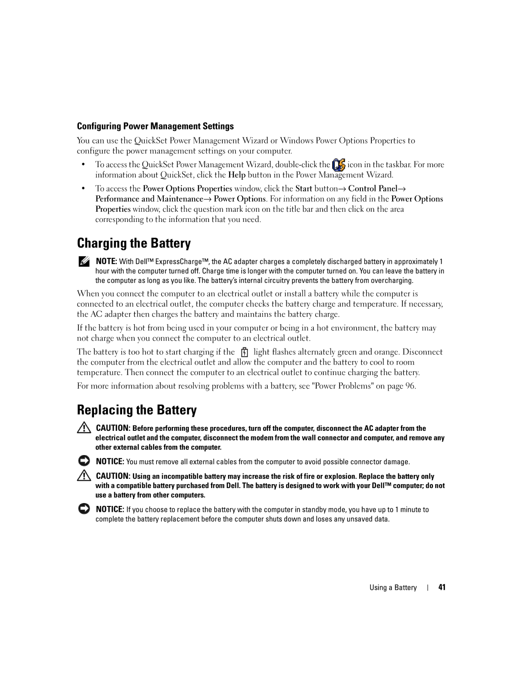 Dell E1405, 640M owner manual Charging the Battery, Replacing the Battery, Configuring Power Management Settings 