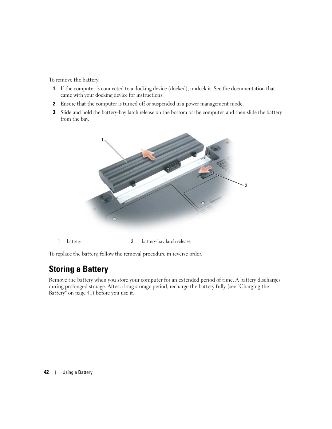 Dell 640M, E1405 owner manual Storing a Battery 