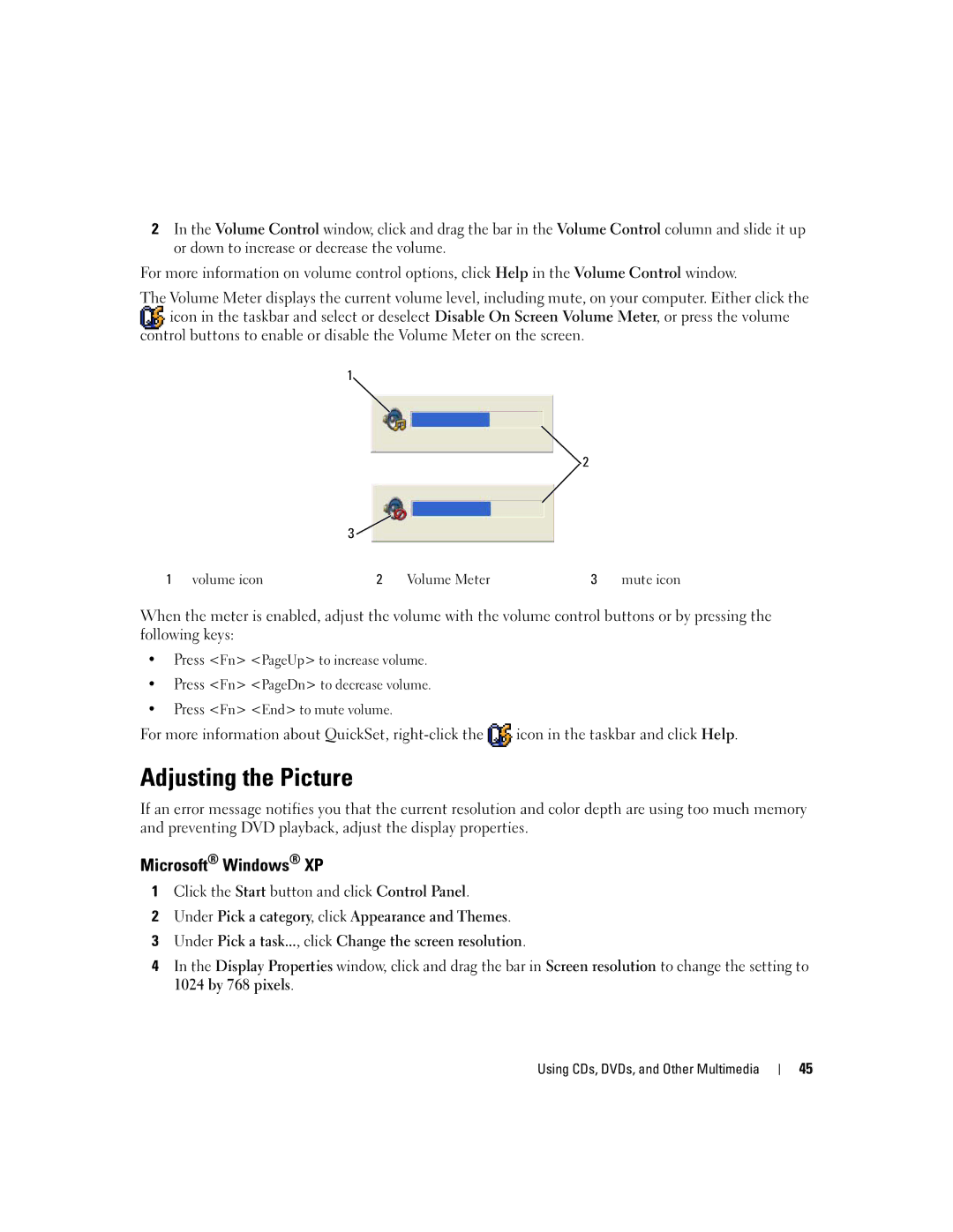 Dell E1405, 640M owner manual Adjusting the Picture, Microsoft Windows XP 