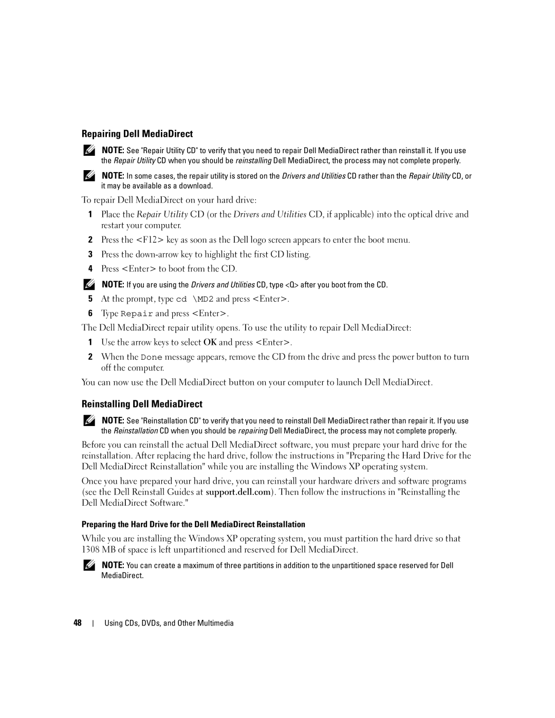 Dell 640M, E1405 owner manual Repairing Dell MediaDirect, Reinstalling Dell MediaDirect 