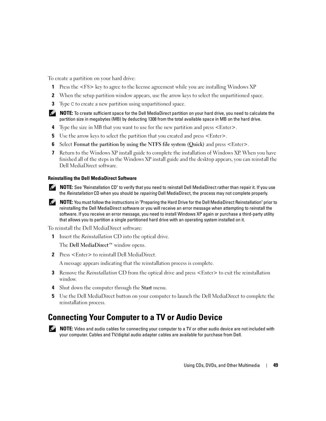 Dell E1405, 640M owner manual Connecting Your Computer to a TV or Audio Device 