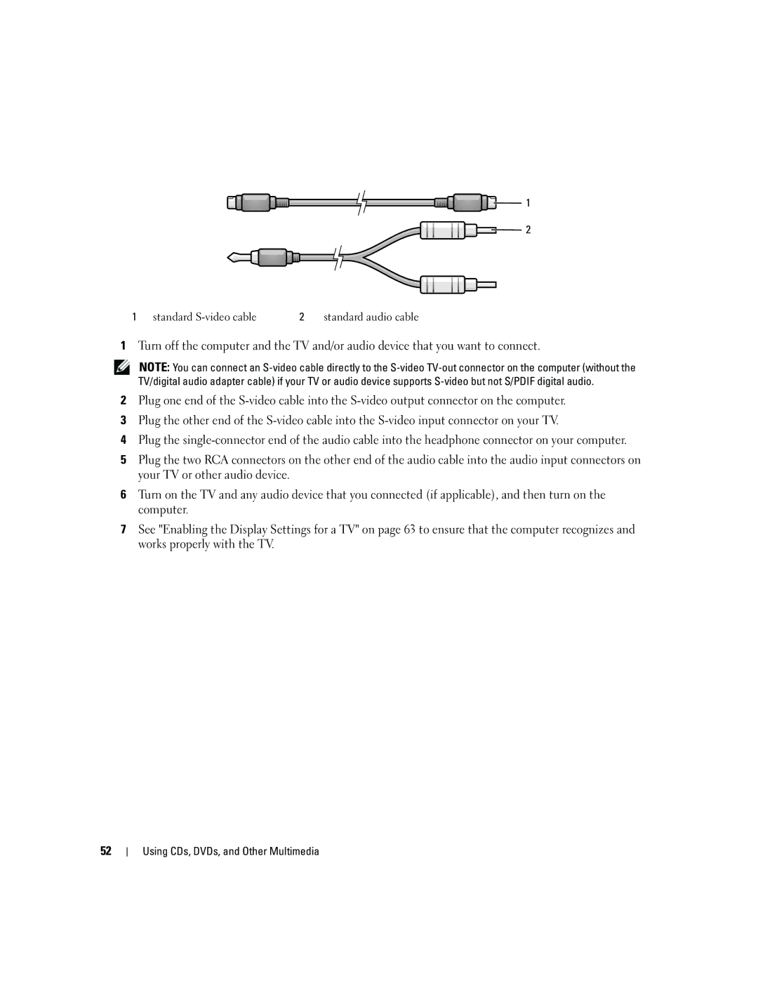 Dell 640M, E1405 owner manual Standard S-video cable Standard audio cable 