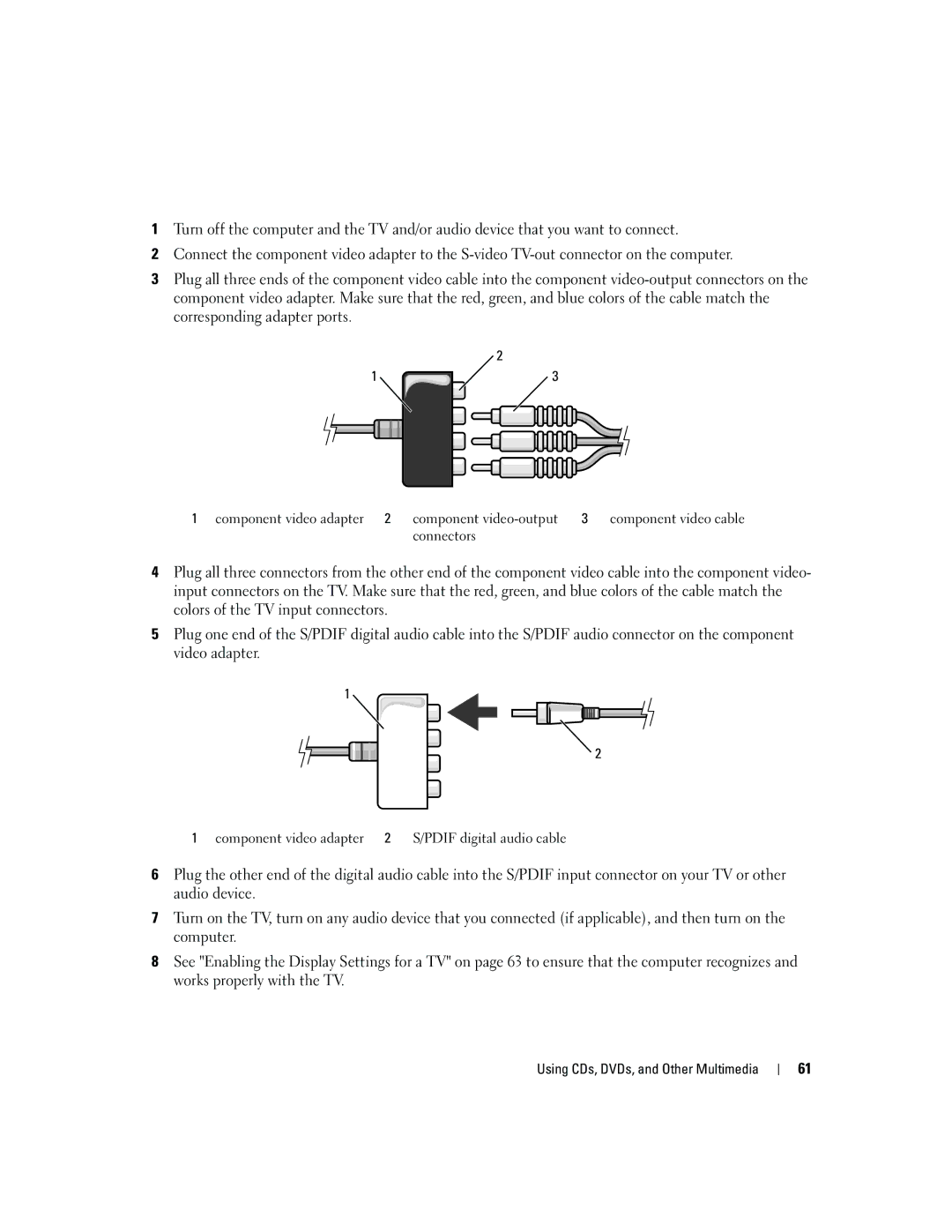 Dell E1405, 640M owner manual Component video adapter 2 S/PDIF digital audio cable 