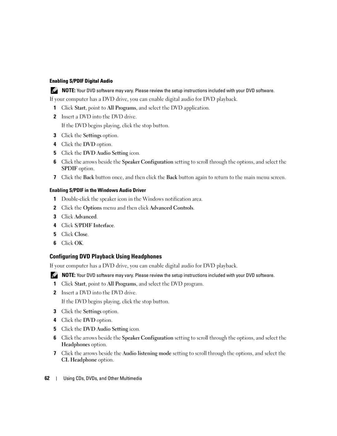 Dell 640M, E1405 owner manual Configuring DVD Playback Using Headphones, Enabling S/PDIF Digital Audio 