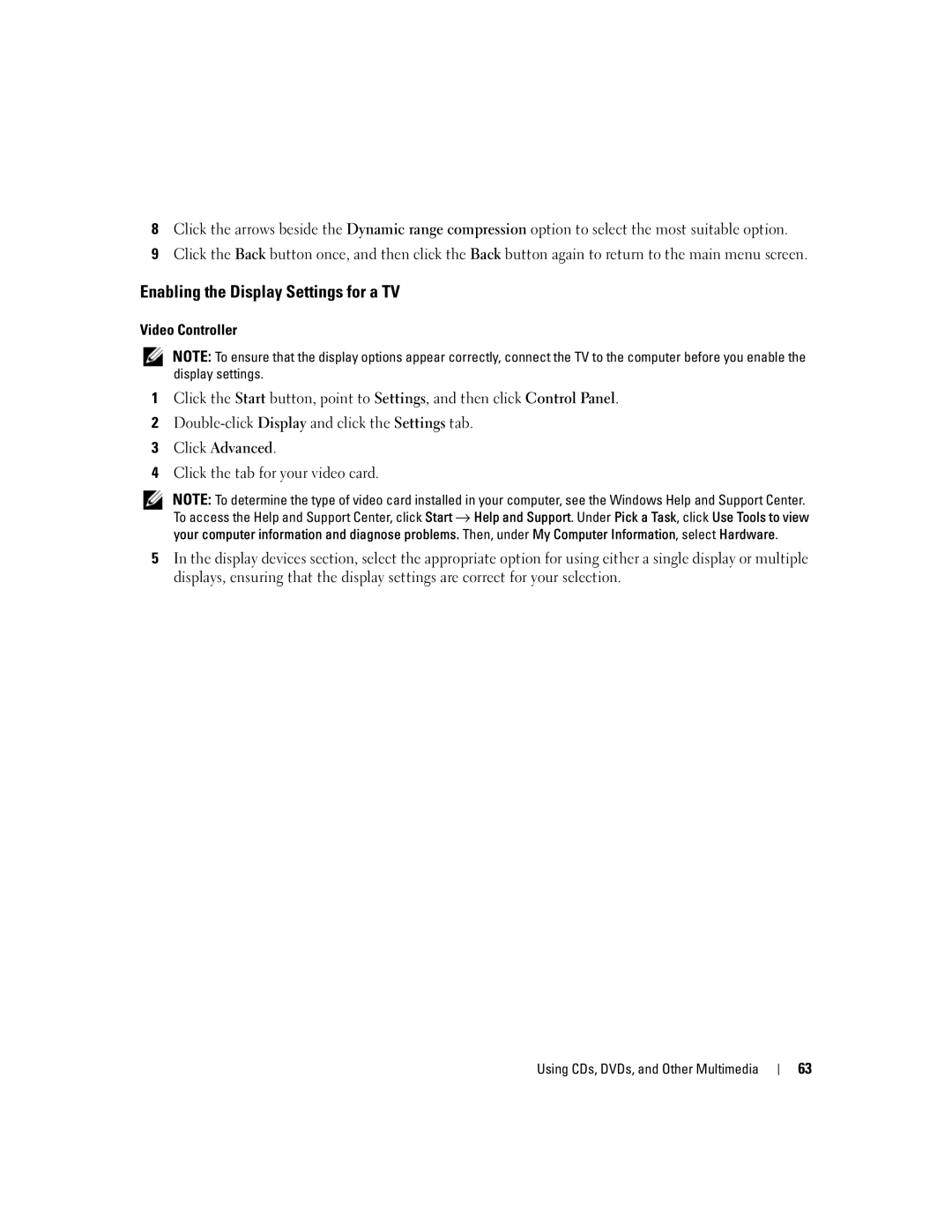 Dell E1405, 640M owner manual Enabling the Display Settings for a TV 