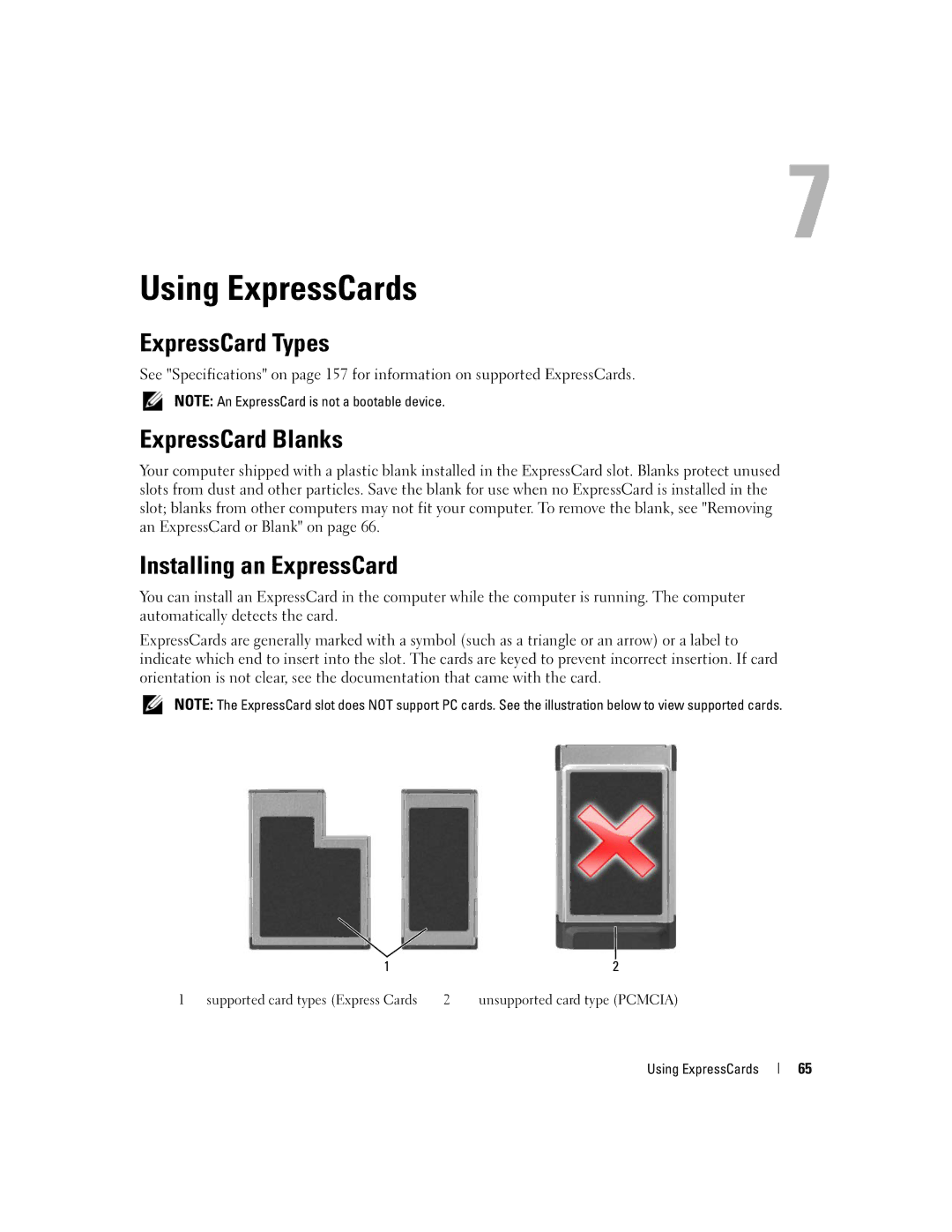 Dell E1405, 640M owner manual Using ExpressCards, ExpressCard Types, ExpressCard Blanks, Installing an ExpressCard 