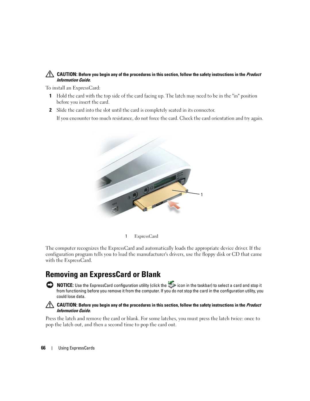 Dell 640M, E1405 owner manual Removing an ExpressCard or Blank 