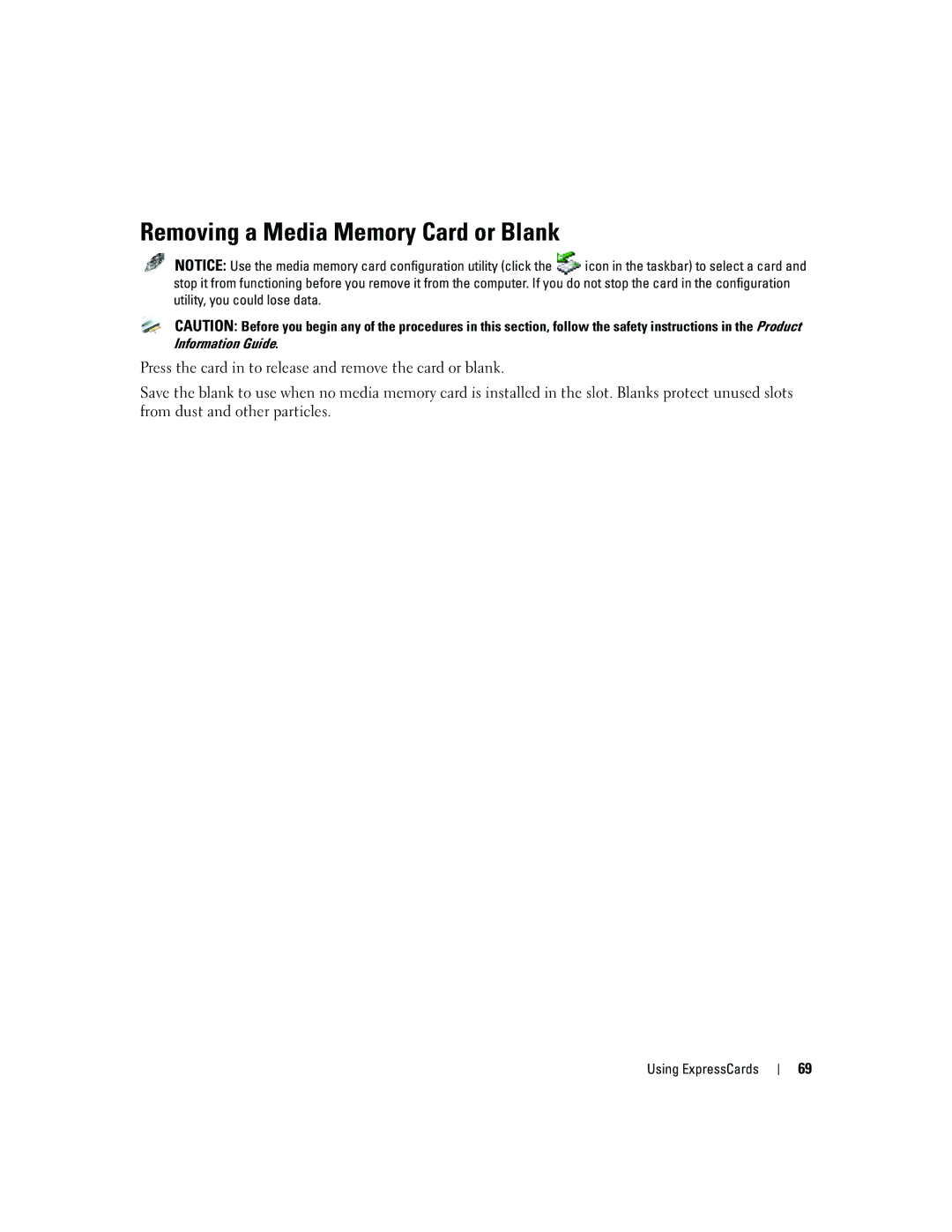 Dell E1405, 640M owner manual Removing a Media Memory Card or Blank 