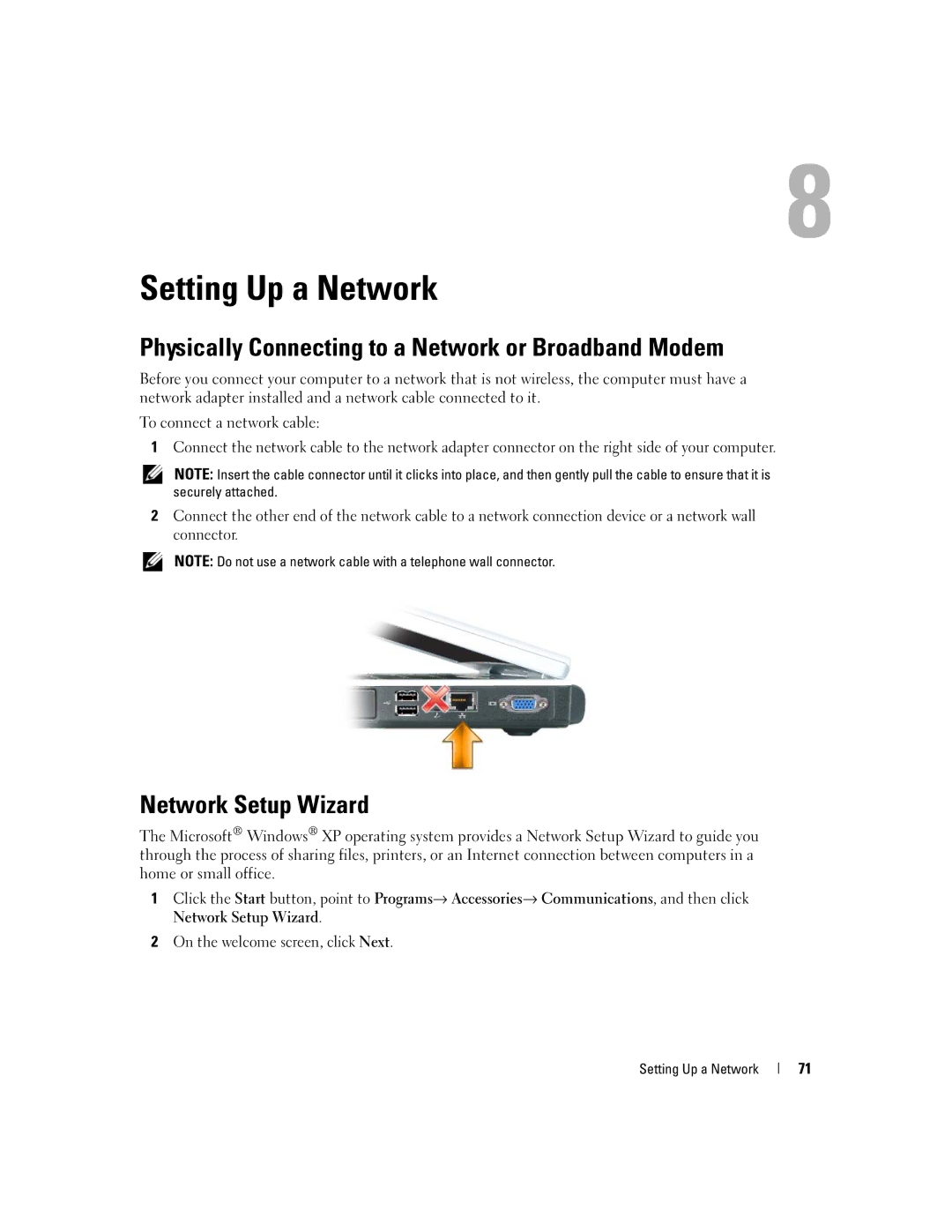 Dell E1405, 640M Setting Up a Network, Physically Connecting to a Network or Broadband Modem, Network Setup Wizard 