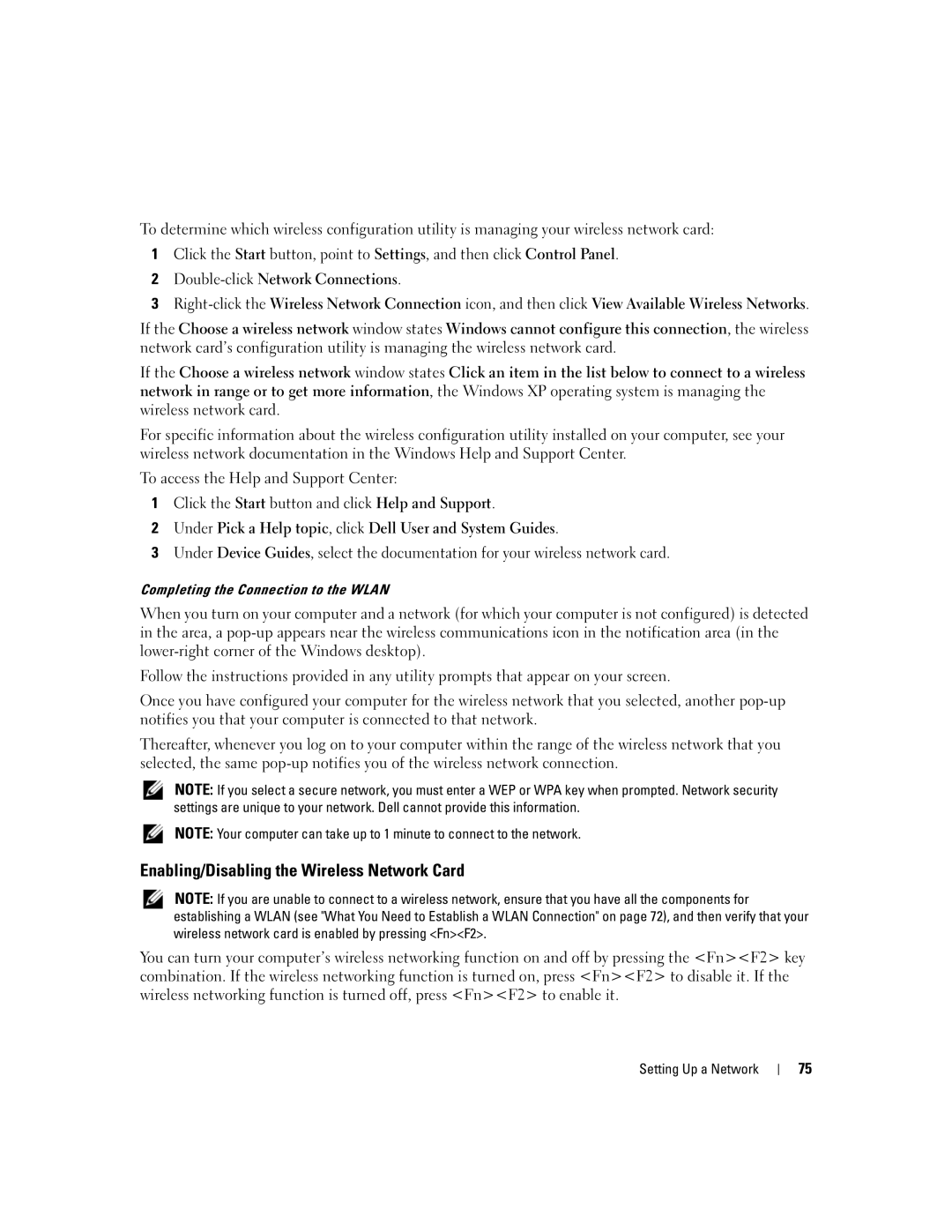 Dell E1405, 640M owner manual Enabling/Disabling the Wireless Network Card, Completing the Connection to the Wlan 