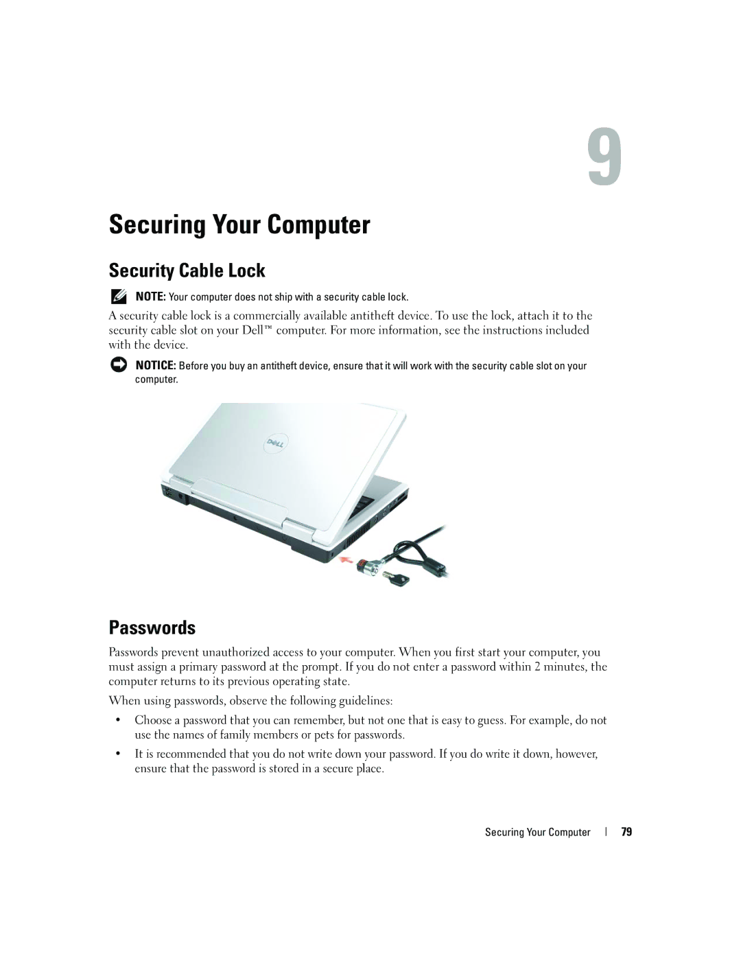 Dell E1405, 640M owner manual Securing Your Computer, Security Cable Lock, Passwords 