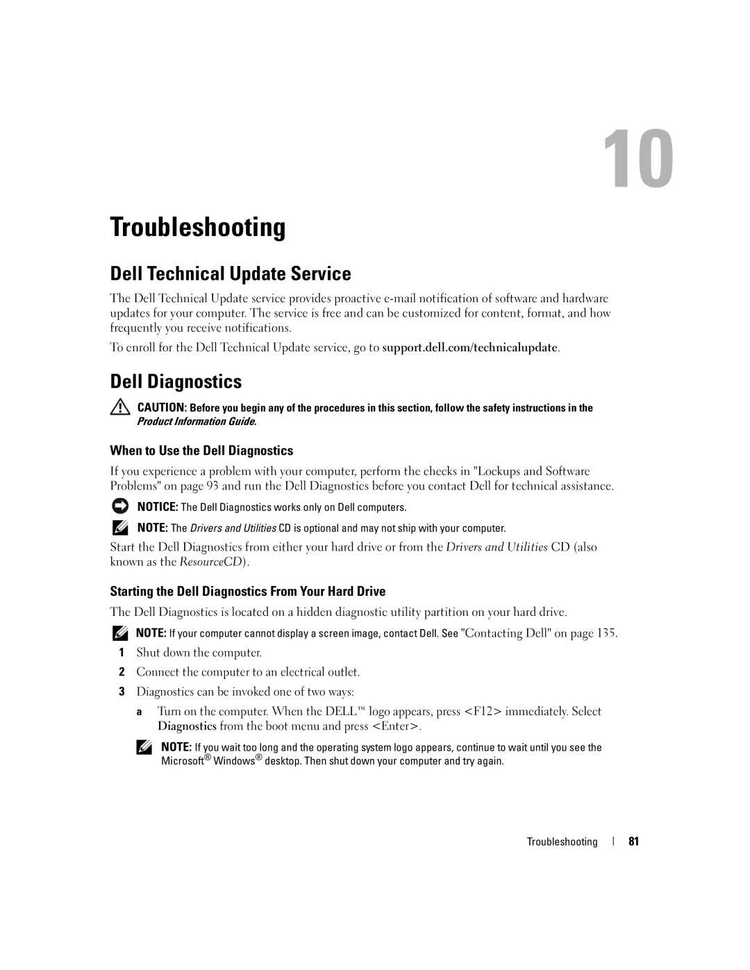 Dell E1405, 640M owner manual Troubleshooting, Dell Technical Update Service, When to Use the Dell Diagnostics 