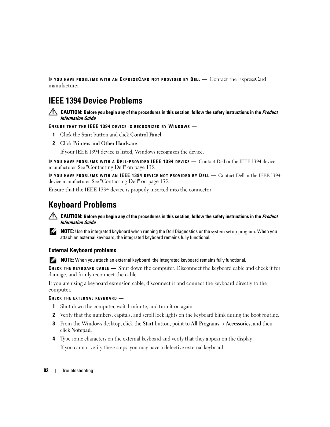 Dell 640M, E1405 owner manual Ieee 1394 Device Problems, Keyboard Problems, External Keyboard problems 