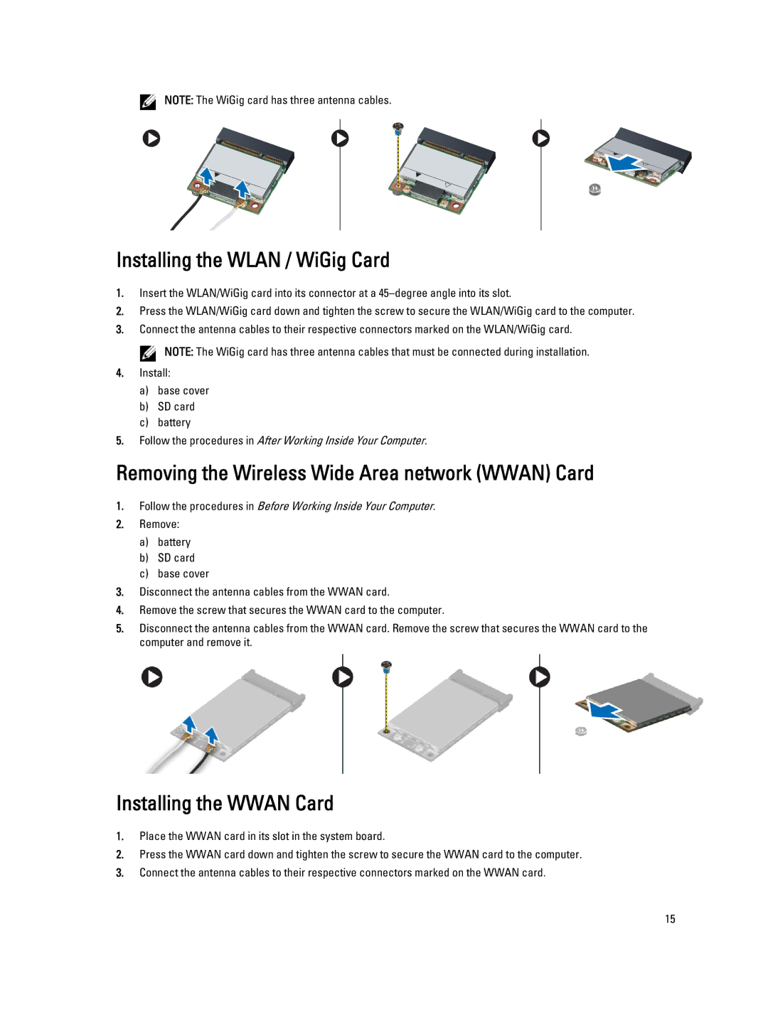 Dell 6430U Installing the Wlan / WiGig Card, Removing the Wireless Wide Area network Wwan Card, Installing the Wwan Card 