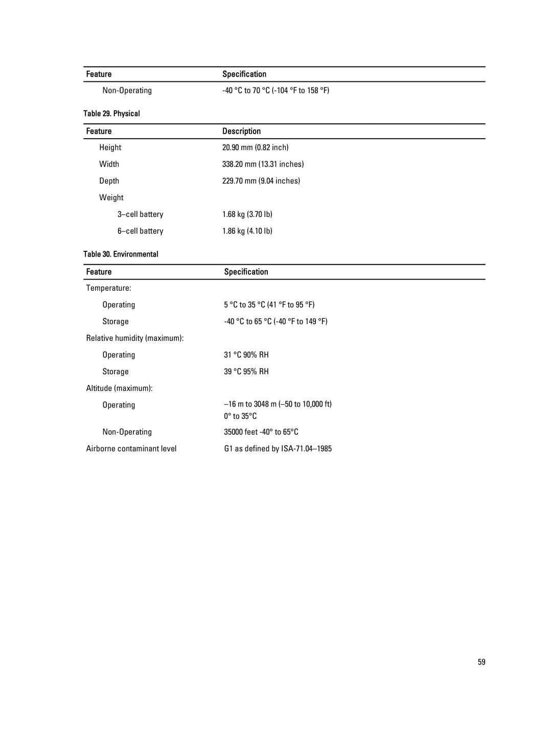 Dell 6430U owner manual Non-Operating To 70 C -104 F to 158 F, Feature Description 