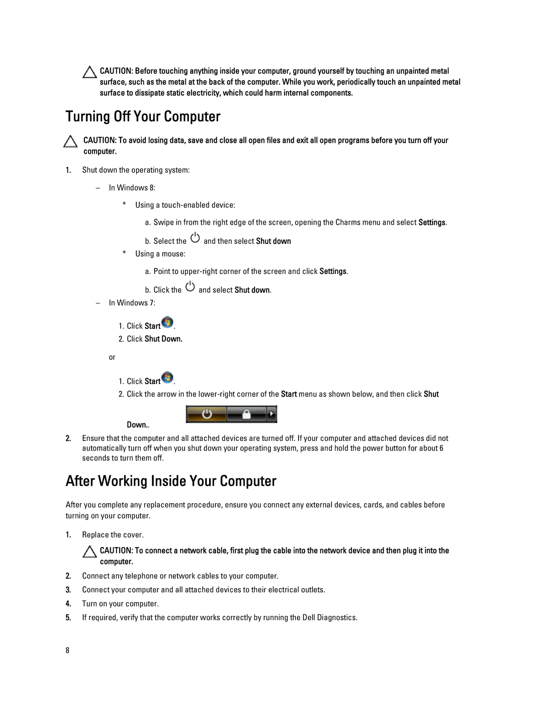 Dell 6430U owner manual Turning Off Your Computer, After Working Inside Your Computer, Click Shut Down 