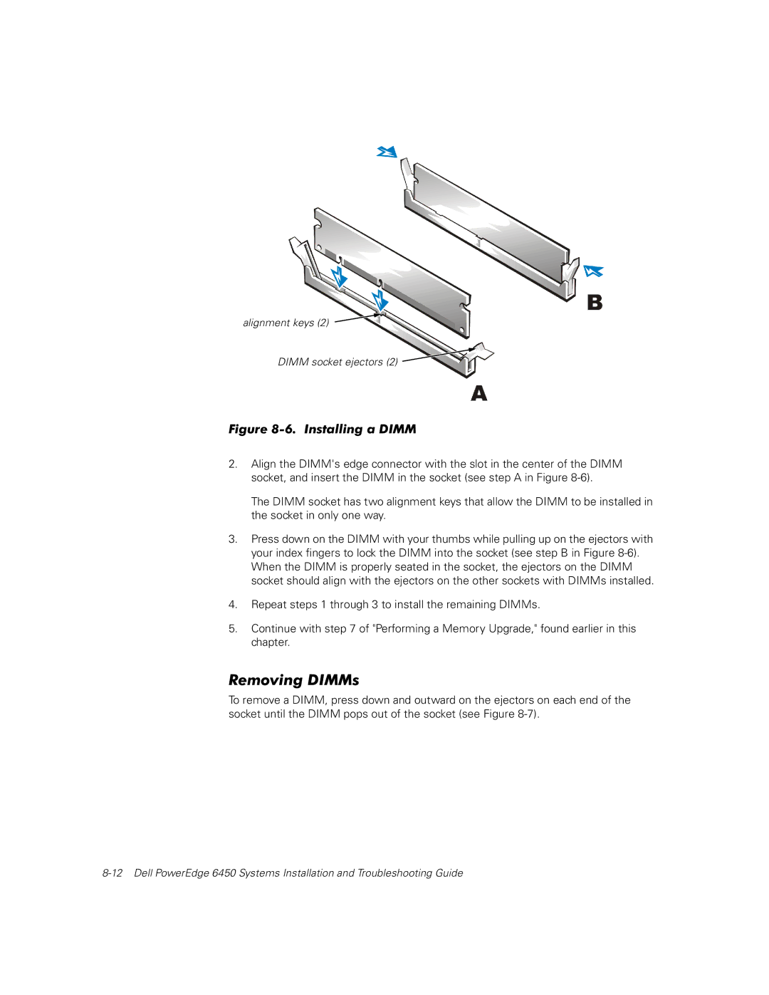 Dell 6450 manual Alignment keys Dimm socket ejectors 