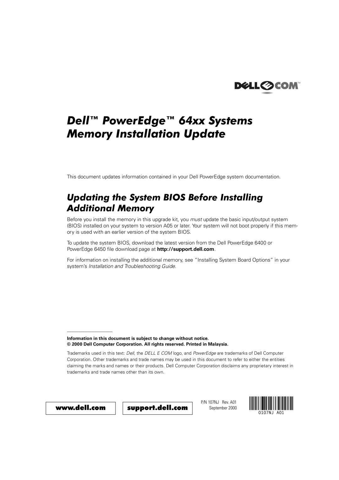 Dell 64XX manual Dell PowerEdge 64xx Systems Memory Installation Update 