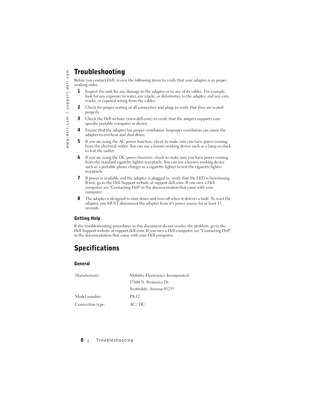 Dell 65-W AC/DC manual Troubleshooting, Specifications, Getting Help, General 