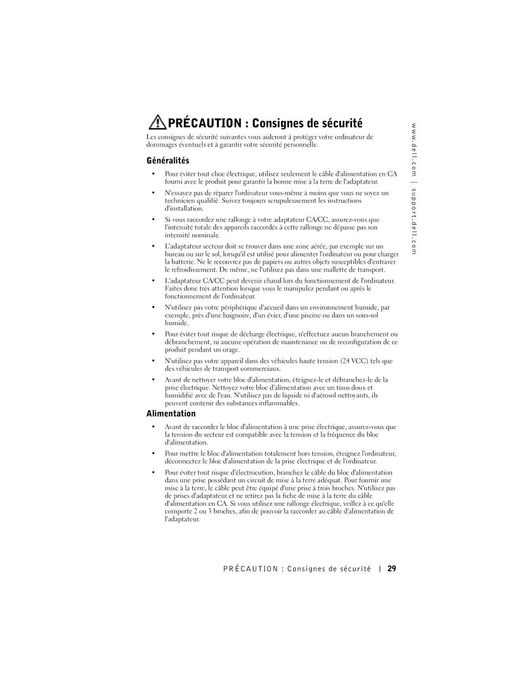 Dell 65-W AC/DC manual Précaution Consignes de sécurité, Généralités, Alimentation 