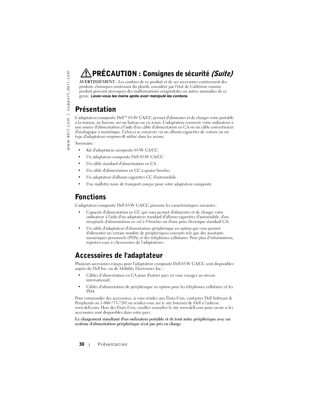 Dell 65-W AC/DC Précaution Consignes de sécurité Suite, Présentation, Fonctions, Accessoires de ladaptateur, Pr ésentation 