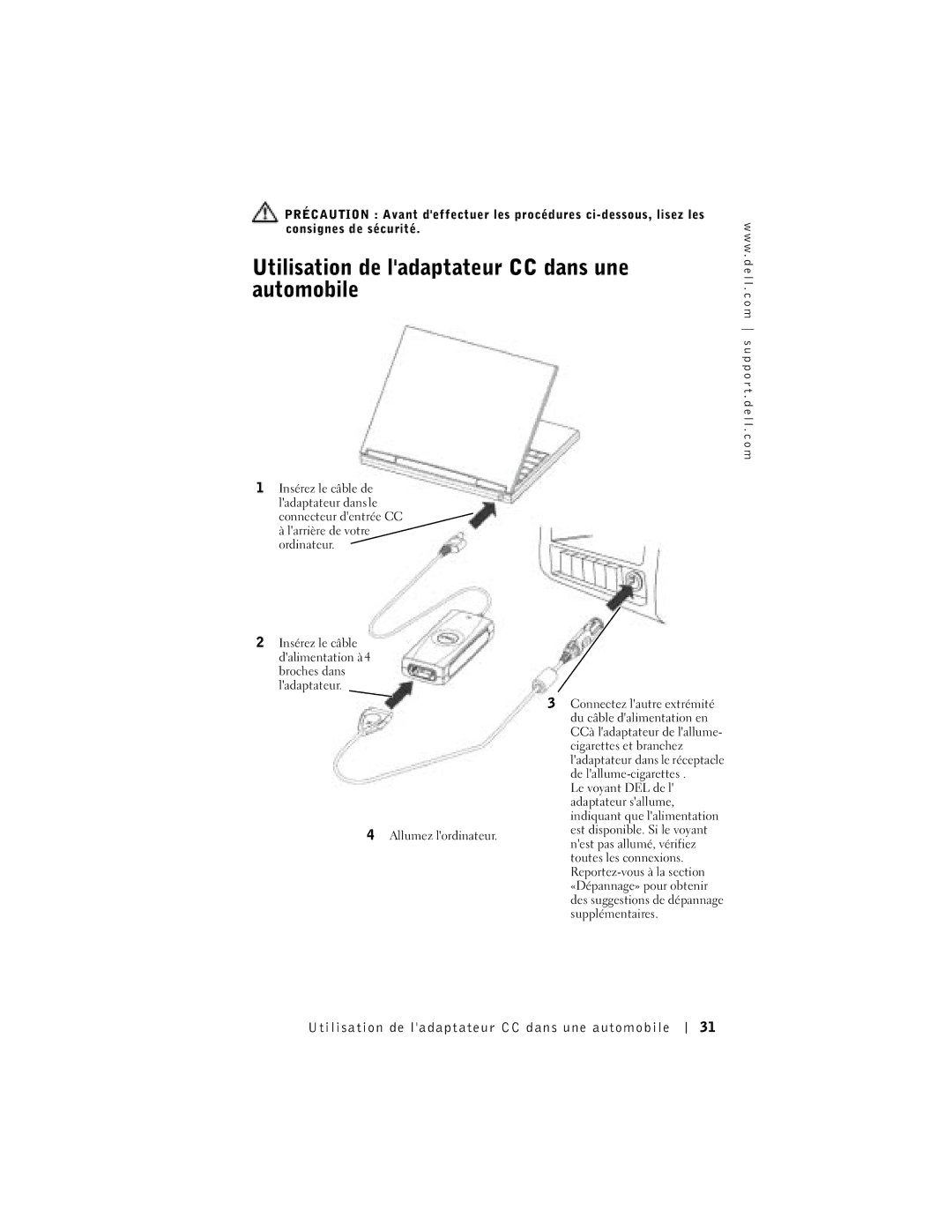 Dell 65-W AC/DC manual Utilisation de ladaptateur CC dans une automobile 