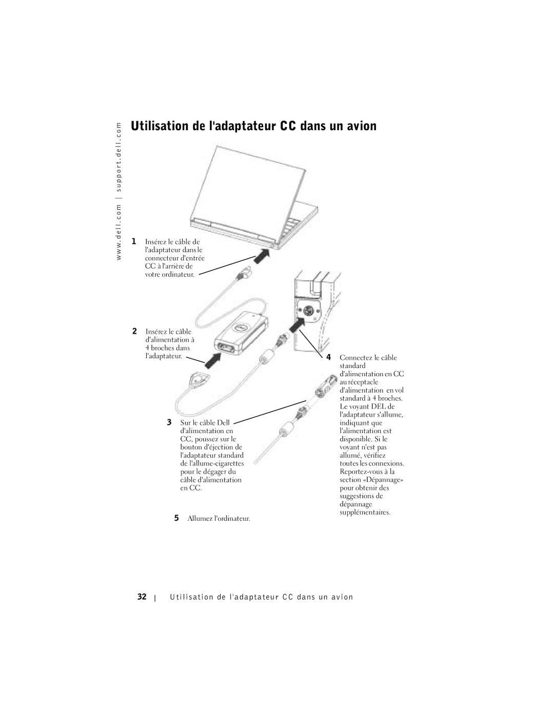 Dell 65-W AC/DC manual Utilisation de ladaptateur CC dans un avion 