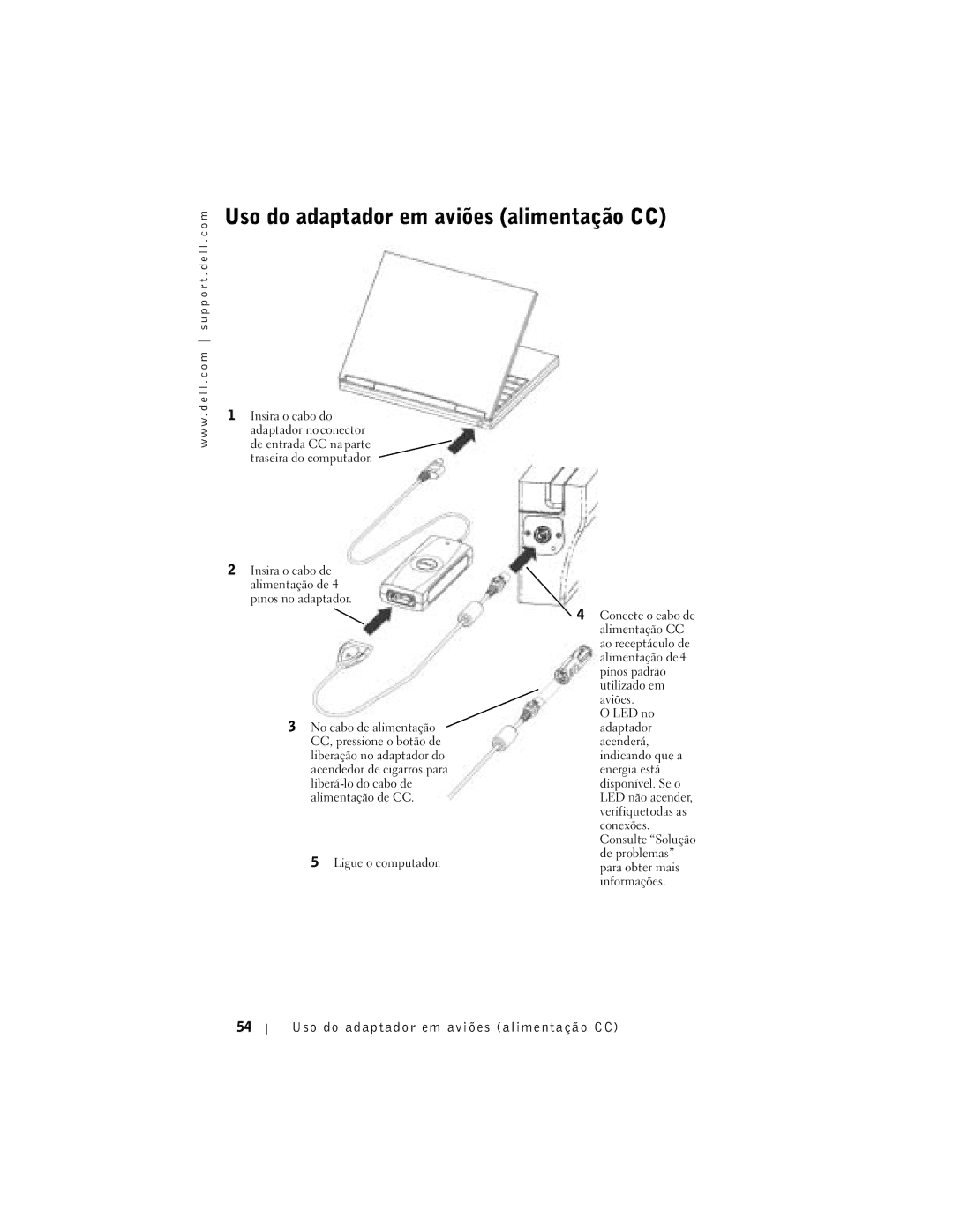 Dell 65-W AC/DC manual Uso do adaptador em aviões alimentação CC 