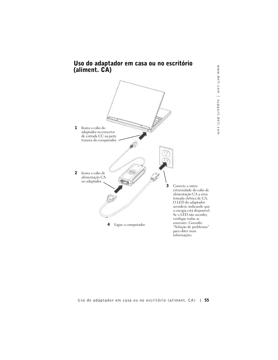 Dell 65-W AC/DC manual Uso do adaptador em casa ou no escritório aliment. CA 