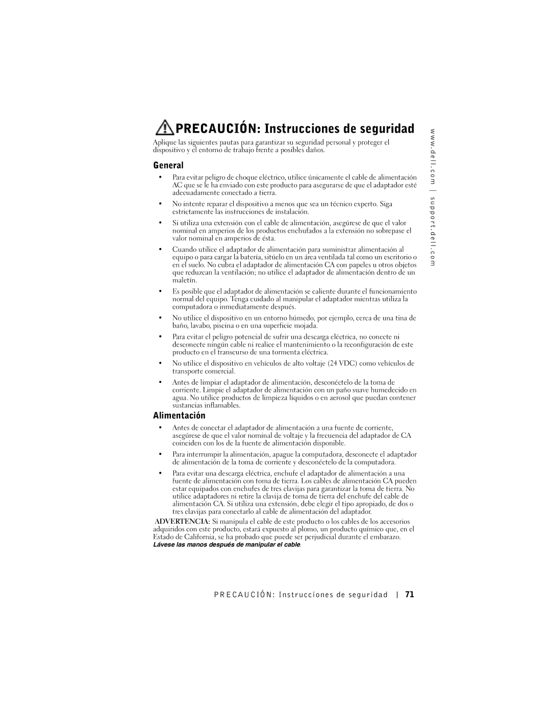 Dell 65-W AC/DC manual Precaución Instrucciones de seguridad, Alimentación, Precaución Instr ucciones de seguridad 