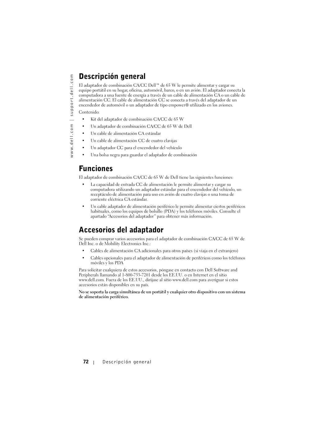Dell 65-W AC/DC manual Descripción general, Funciones, Accesorios del adaptador 