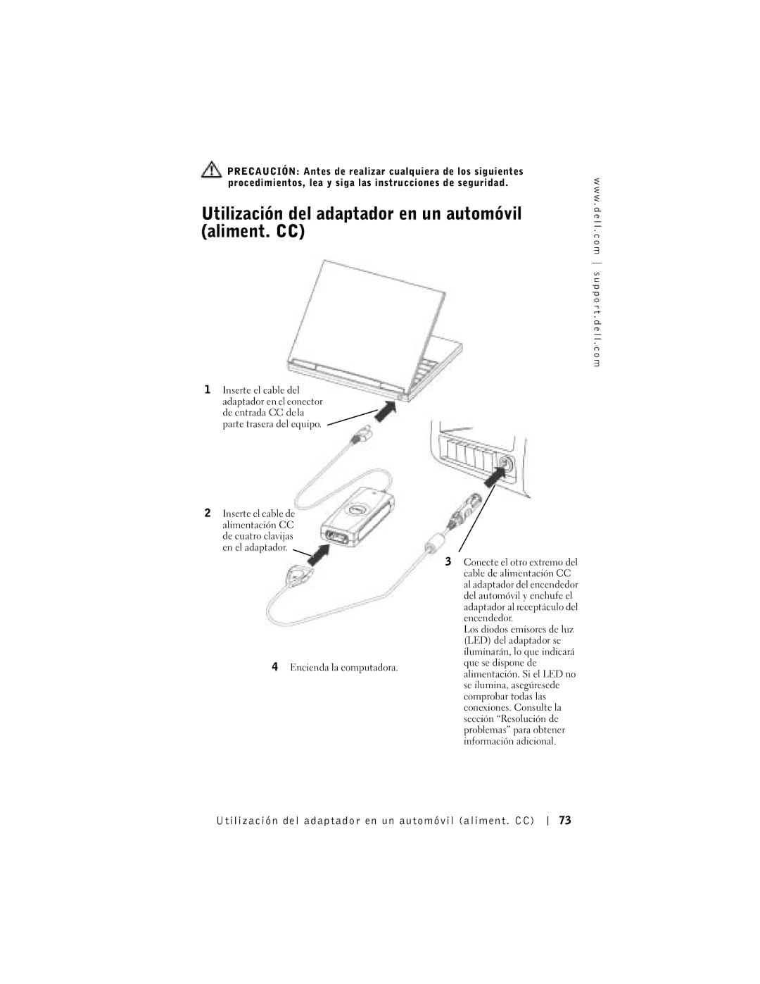 Dell 65-W AC/DC manual Utilización del adaptador en un automóvil aliment. CC 