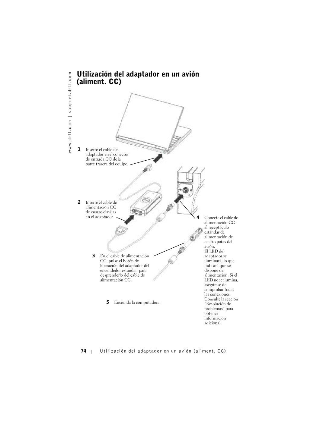 Dell 65-W AC/DC manual Utilización del adaptador en un avión aliment. CC 