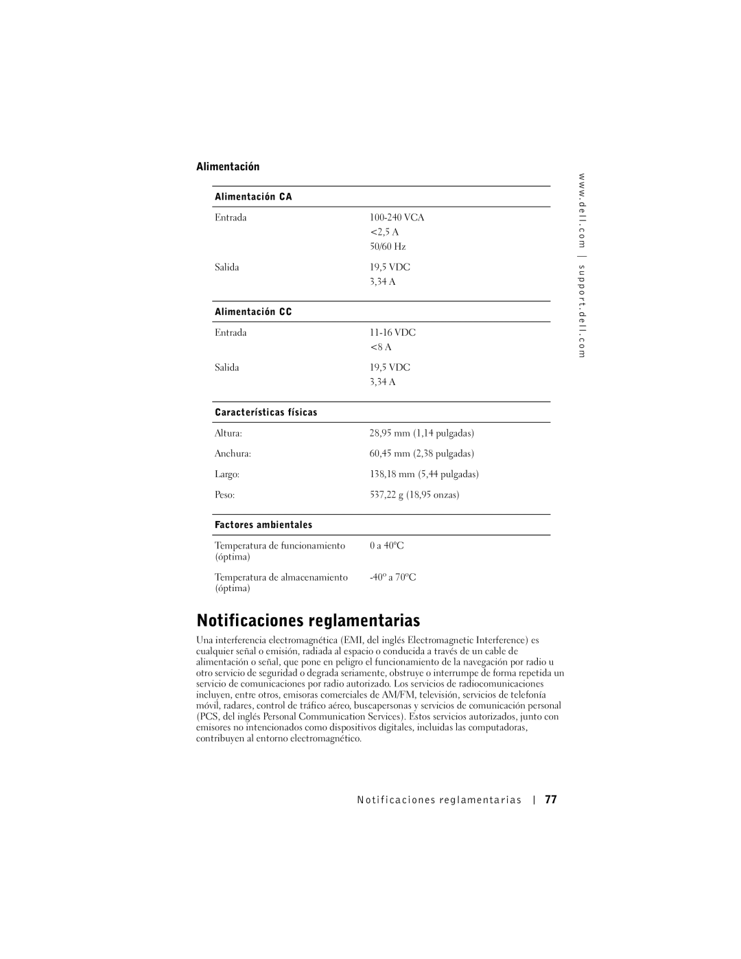 Dell 65-W AC/DC manual Notificaciones reglamentarias, Alimentación 