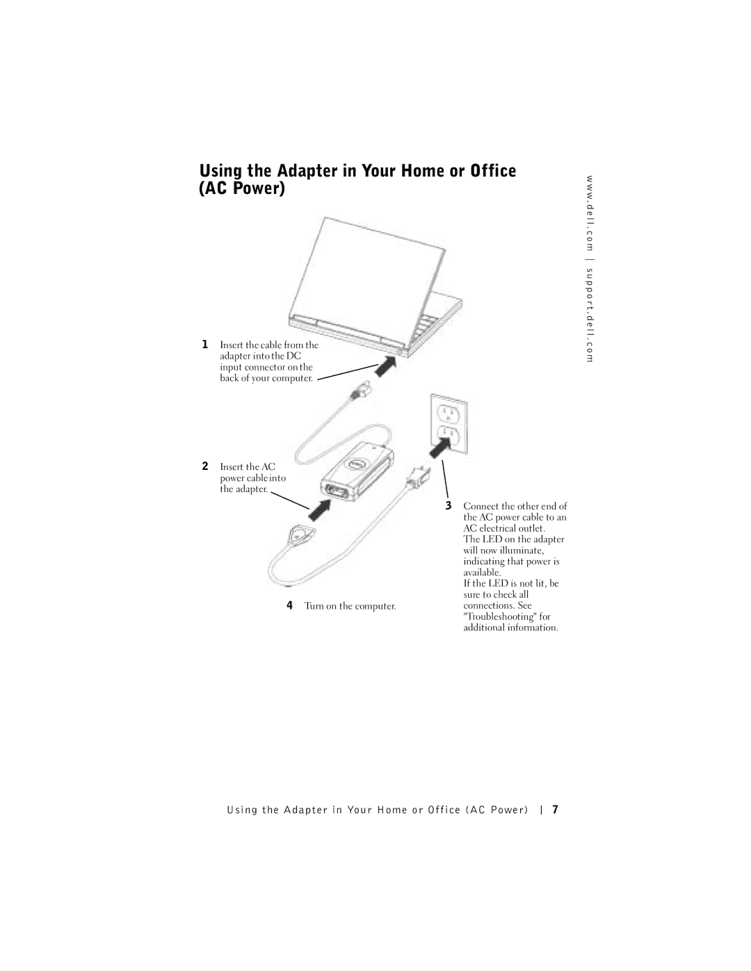 Dell 65-W AC/DC manual Using the Adapter in Your Home or Office AC Power 