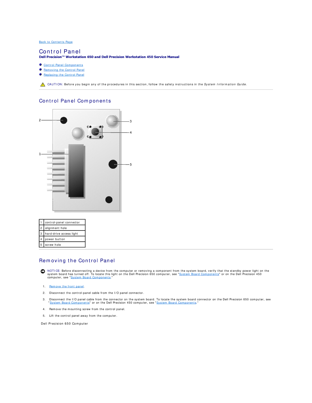 Dell 650 service manual Control Panel Components, Removing the Control Panel 