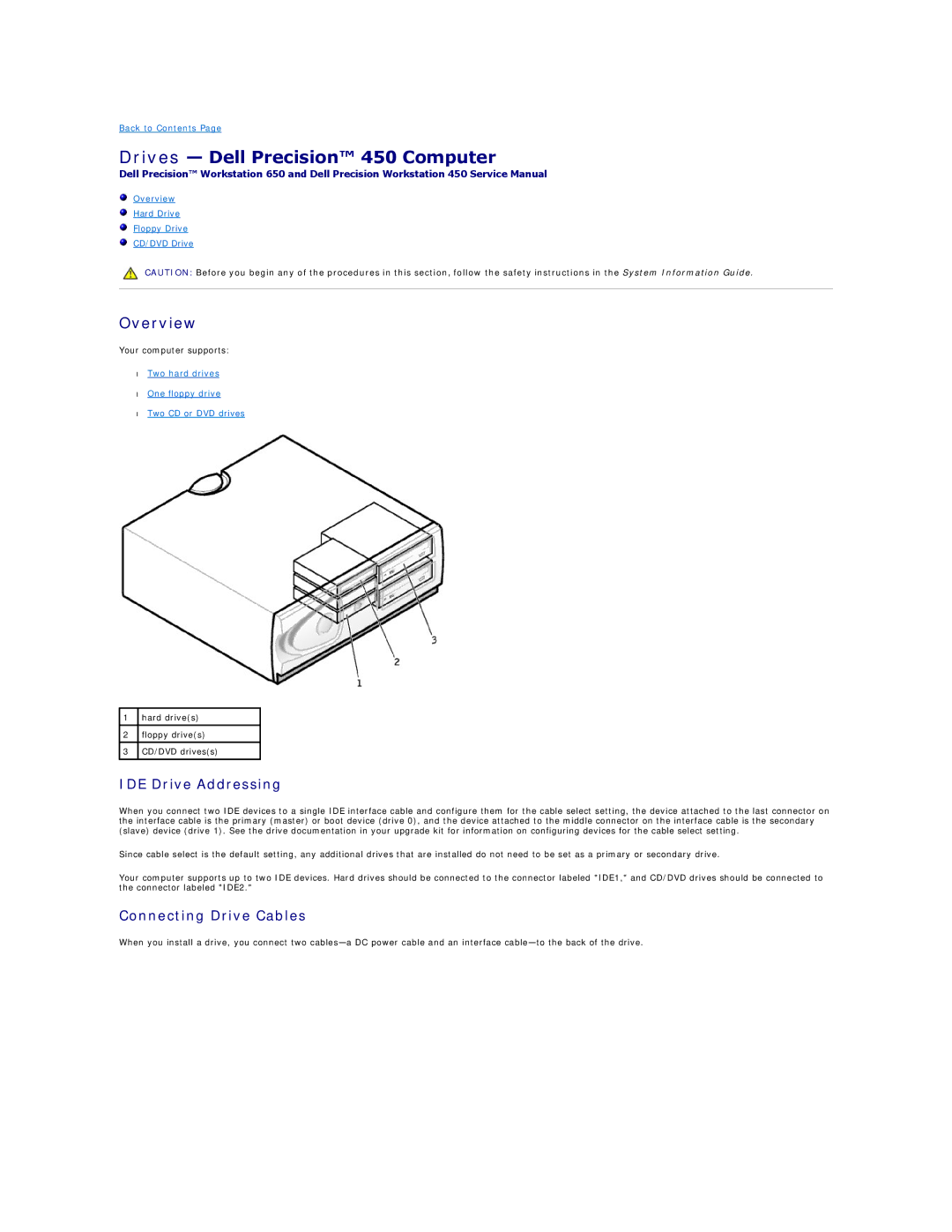 Dell 650 service manual Drives Dell Precision 450 Computer, Overview, IDE Drive Addressing, Connecting Drive Cables 