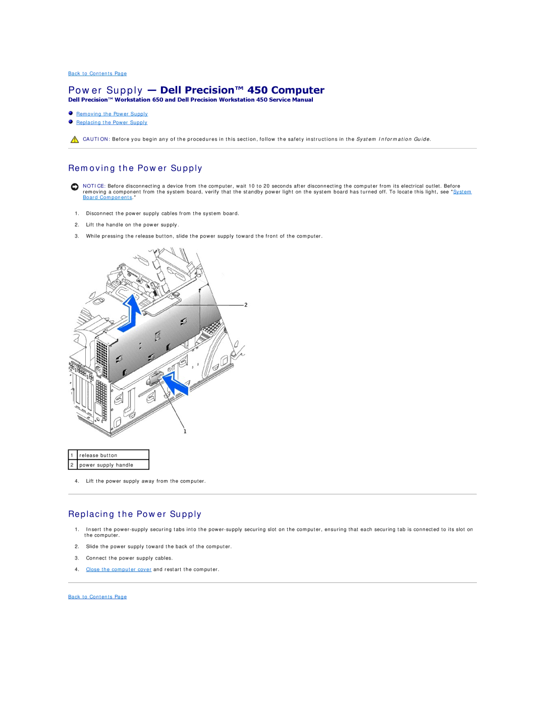 Dell 650 service manual Power Supply Dell Precision 450 Computer, Removing the Power Supply, Replacing the Power Supply 