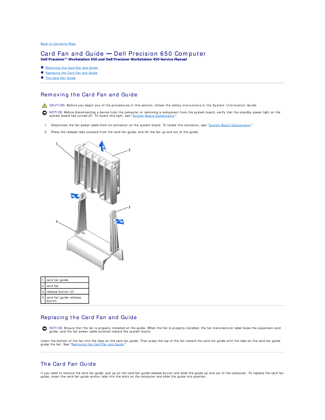 Dell Card Fan and Guide Dell Precision 650 Computer, Removing the Card Fan and Guide, Replacing the Card Fan and Guide 