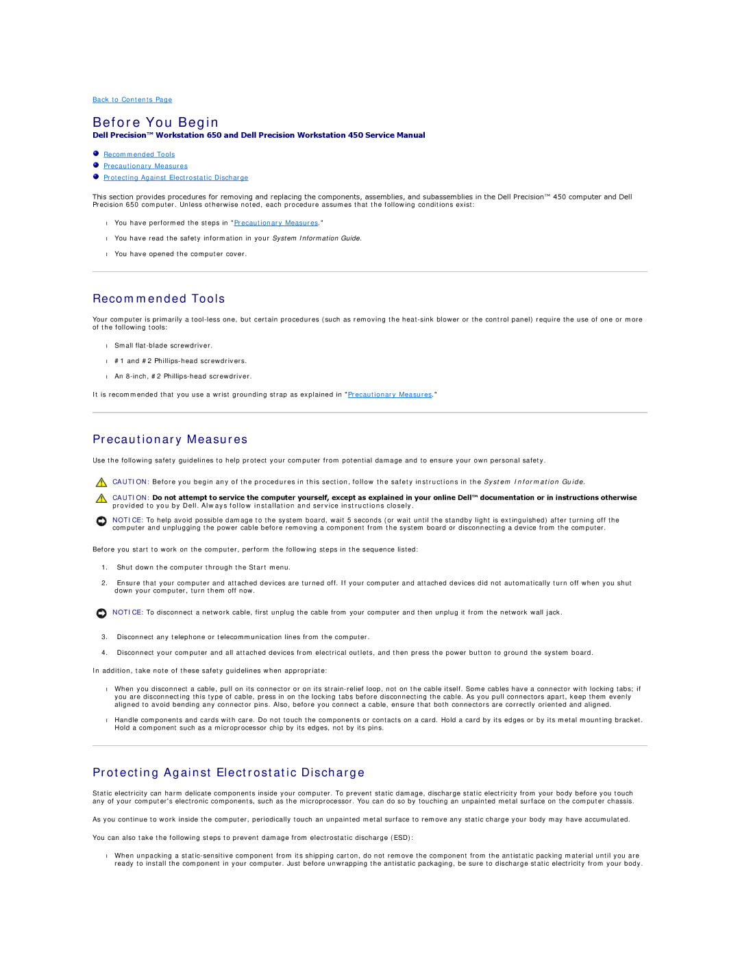 Dell 650 Before You Begin, Recommended Tools, Precautionary Measures, Protecting Against Electrostatic Discharge 