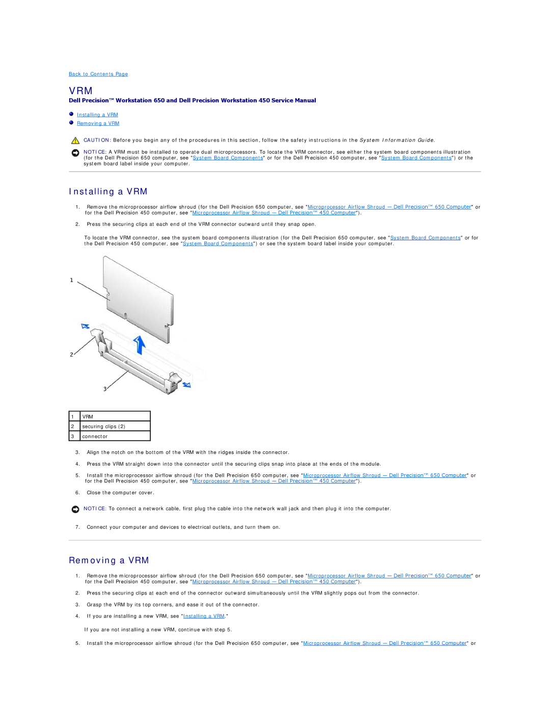 Dell 650 service manual Installing a VRM, Removing a VRM 