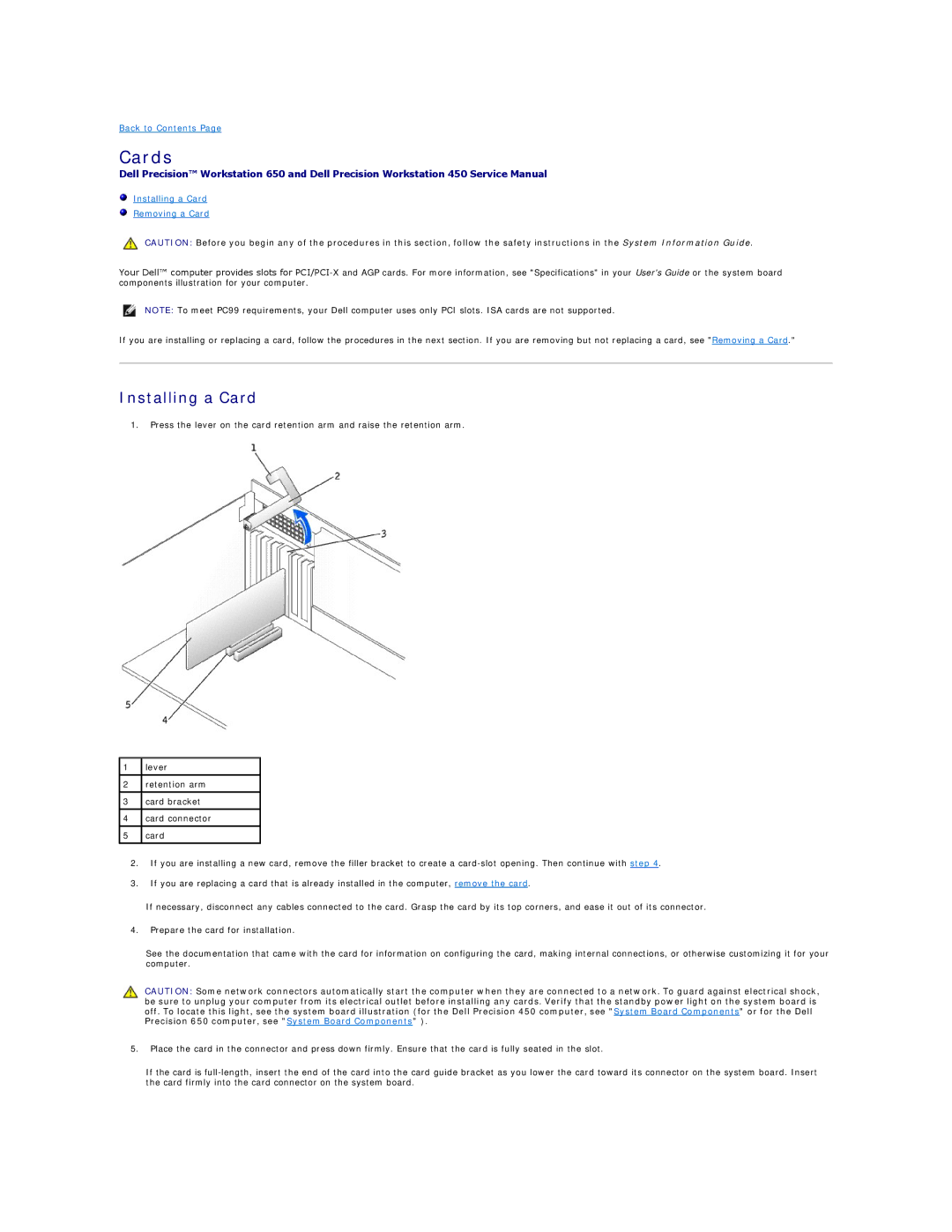 Dell 650 service manual Cards, Installing a Card 