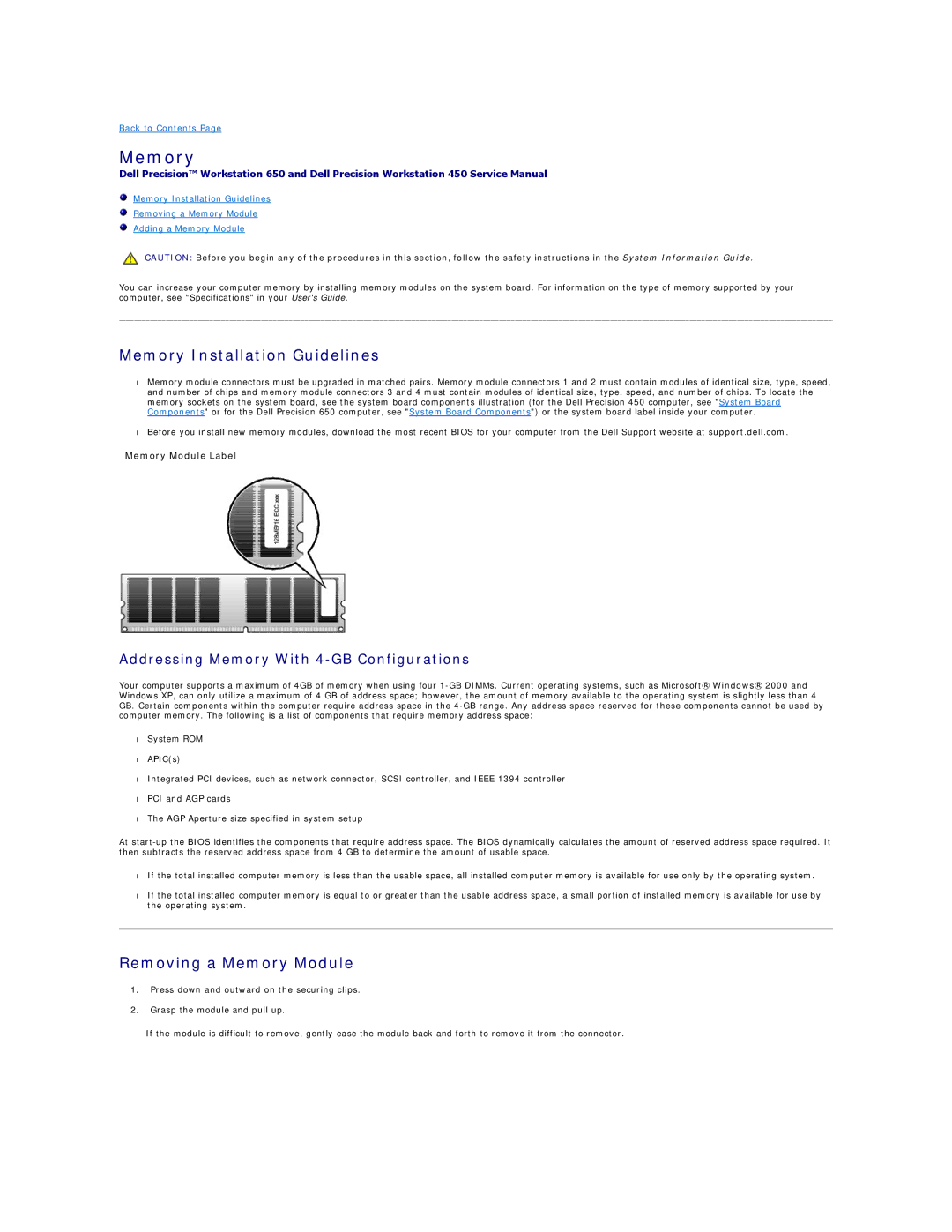 Dell 650 Memory Installation Guidelines, Removing a Memory Module, Addressing Memory With 4-GB Configurations 