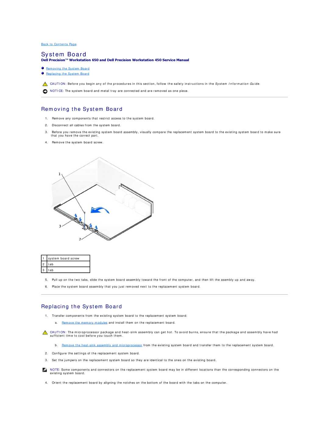 Dell 650 service manual Removing the System Board, Replacing the System Board 