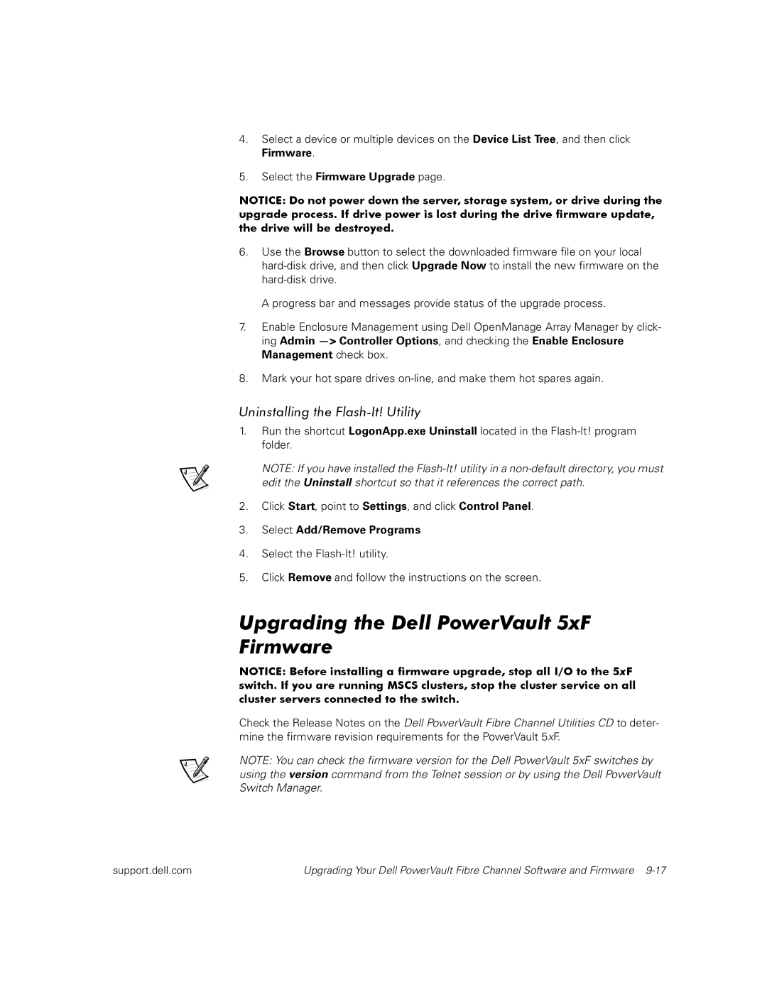 Dell 651F, 650F, 630F Upgrading the Dell PowerVault 5xF Firmware, Select the Firmware Upgrade, Select Add/Remove Programs 