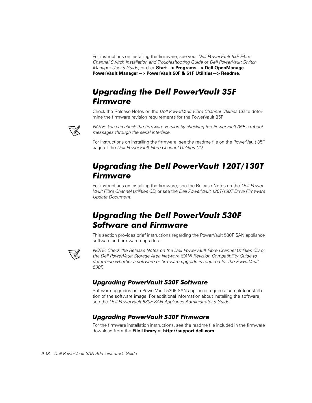 Dell 650F, 630F, 651F manual Upgrading the Dell PowerVault 35F Firmware, Upgrading the Dell PowerVault 120T/130T Firmware 