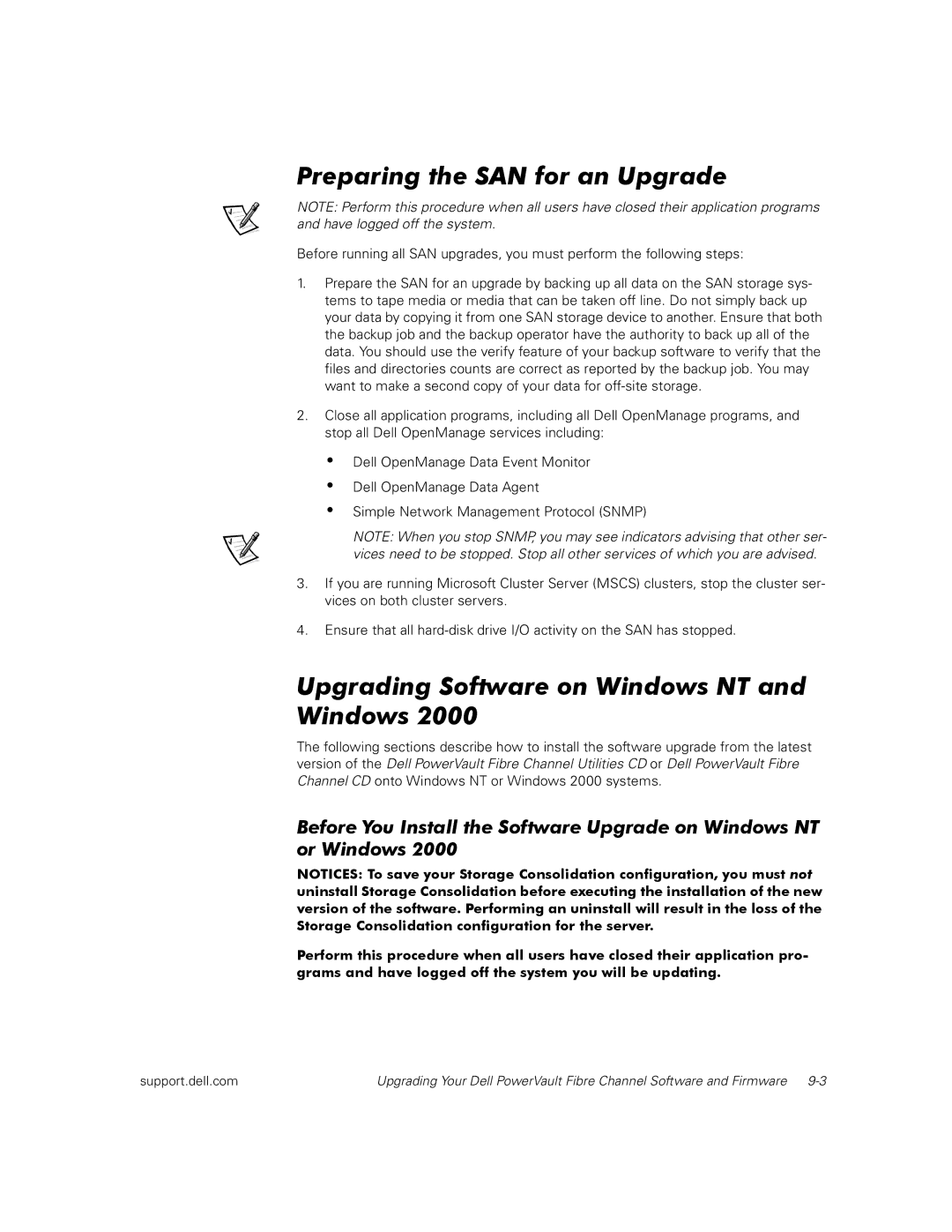 Dell 650F, 630F, 651F manual Preparing the SAN for an Upgrade, Upgrading Software on Windows NT and Windows 