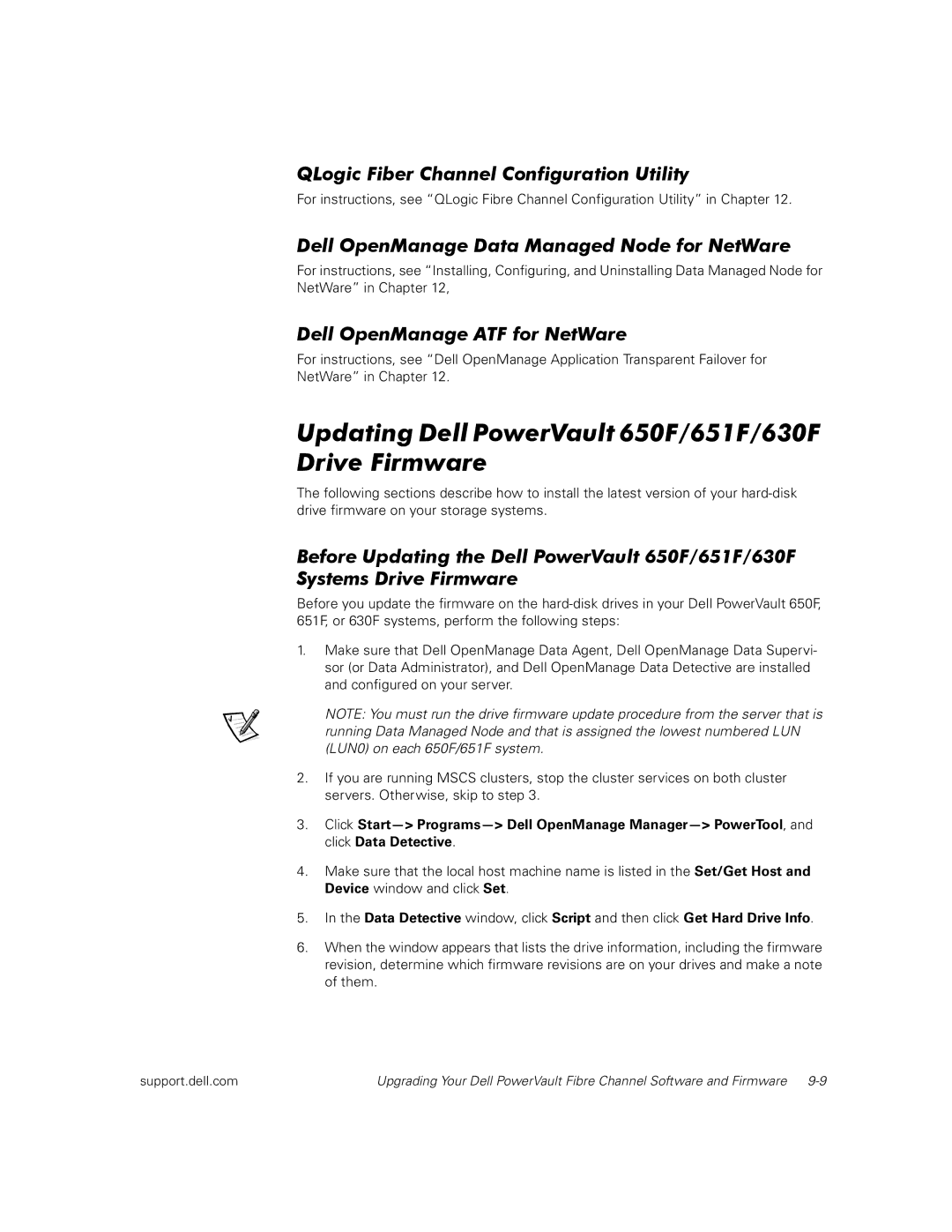 Dell manual Updating Dell PowerVault 650F/651F/630F Drive Firmware, Dell OpenManage Data Managed Node for NetWare 