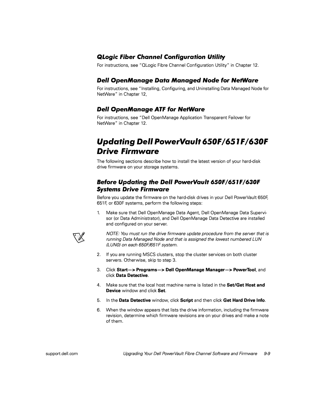 Dell manual Updating Dell PowerVault 650F/651F/630F Drive Firmware, QLogic Fiber Channel Configuration Utility 