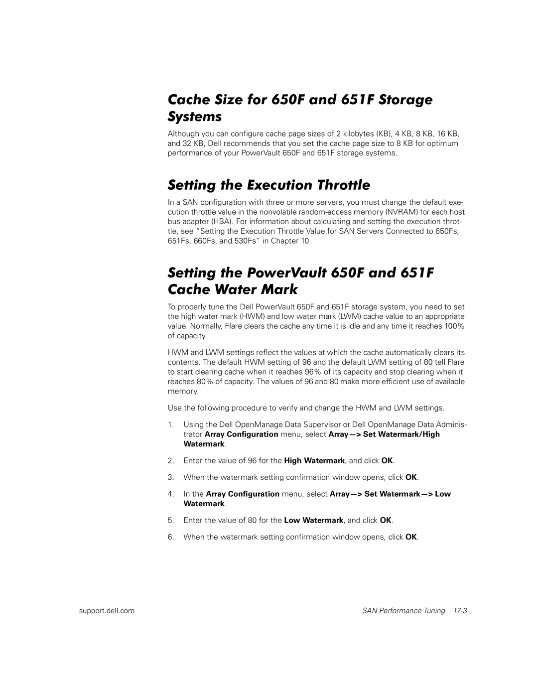 Dell manual Cache Size for 650F and 651F Storage Systems, Setting the Execution Throttle 